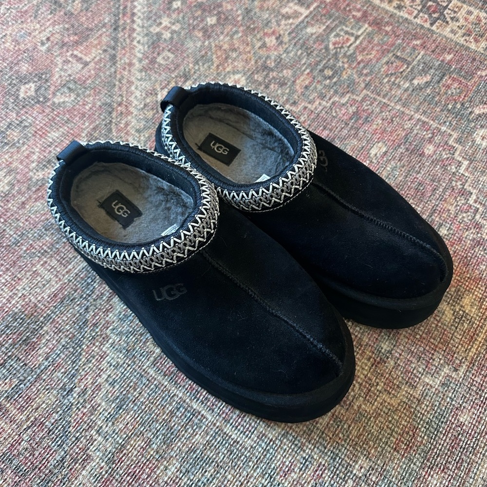 UGG Black Suede Slip-Ons with Patterned Trim